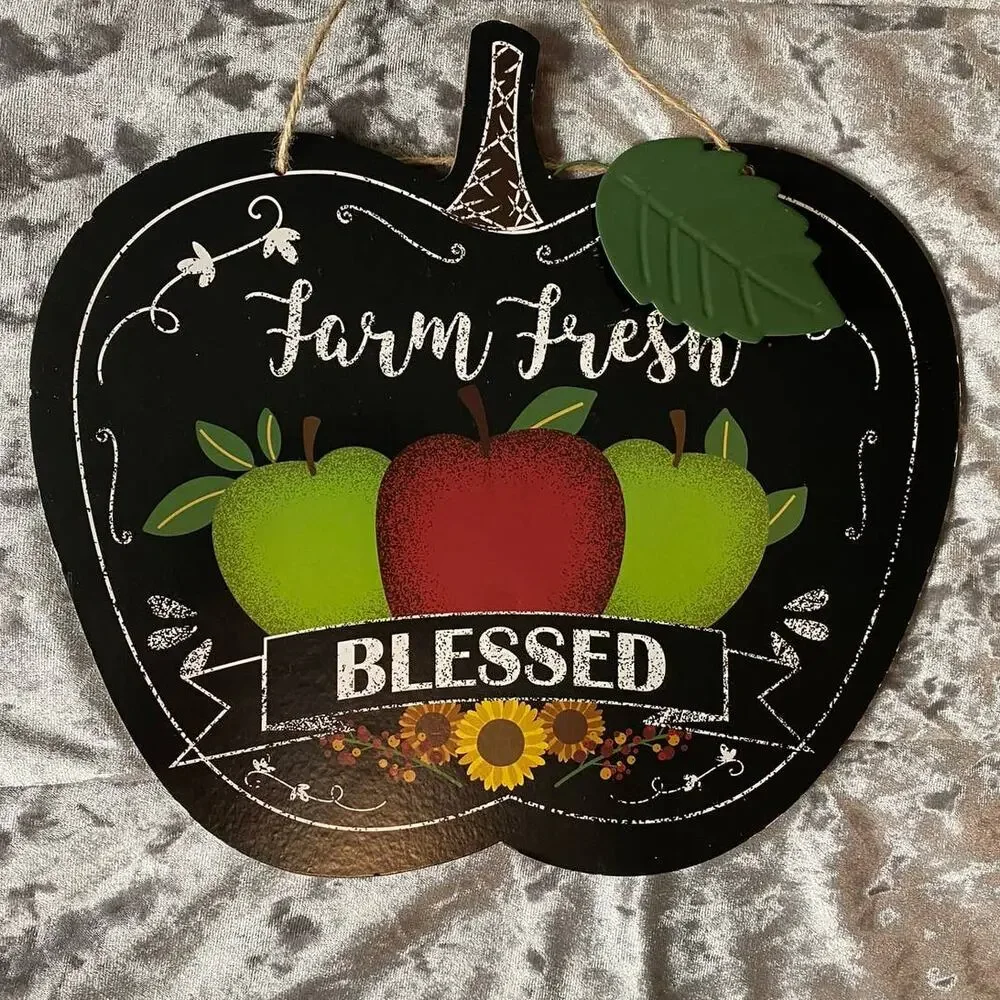 FARM FRESH BLESSED Black Apple Hanging Wall Door Sign Rustic Look Decor